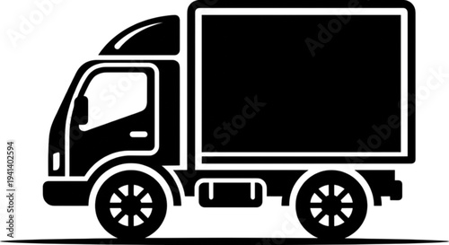 Right facing commercial transport vehicle vector image depicting a box truck silhouette with clean lines for distribution and freight forwarding industry service icons.