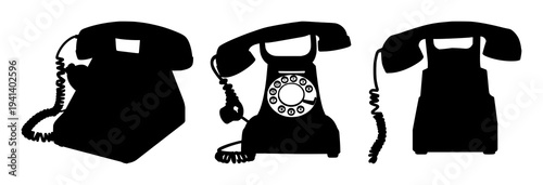 Rotary telephone set with solid black silhouette on white background featuring antique, 20th-century, communication with black fill and historical illustration