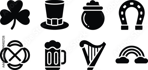 St Patrick’s Day Lucky Symbols Icon Set Shamrock Leprechaun Hat Pot of Gold Rainbow Beer