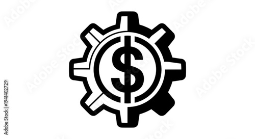 High quality professional black and white vector image featuring a gear wheel with a dollar sign symbol representing financial industry and economic machinery mechanics.