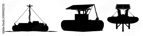 Solar-powered desalination buoy set with solid black silhouette and bold sharp edges featuring ocean technology, renewable energy, water purification with sustainable design and engineering