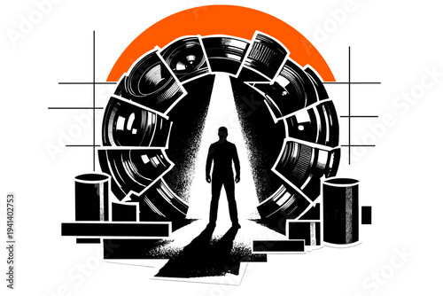 Black and white silhouette of a central figure standing under intense spotlight, multiple fragmented camera lenses forming a circular frame around them, bold