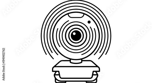 Modern technology vector image of a webcam device with concentric signal waves symbolizing digital communication video broadcasting and remote online connectivity recording.