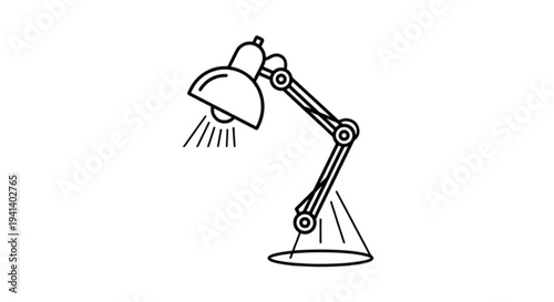Detailed minimalist line art vector image of an adjustable desk lamp showing the bulb light and articulated arm for office workspace lighting design.
