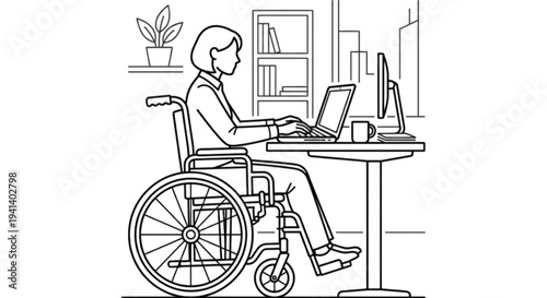 Inclusive workplace vector image featuring a professional woman in a wheelchair working on a laptop computer at an accessible desk in an office.