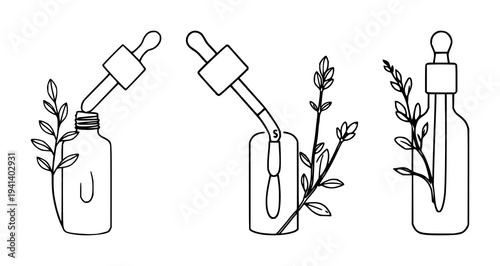 Serum dropper set with minimalist line art of a botanical sprig featuring clean beauty, cosmetics, and skincare with white background and illustration