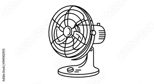 A black and white vector image featuring a classic electric table fan with a protective wire cage and circular base for cooling.
