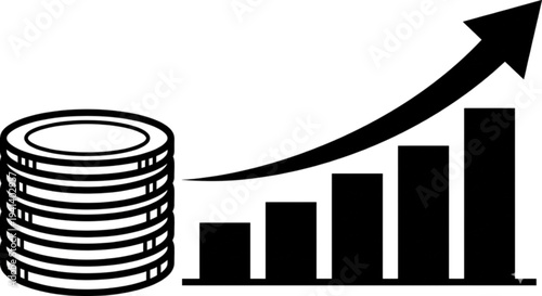 A professional vector image illustrating financial growth with a stack of coins next to a rising bar graph and upward pointing arrow.