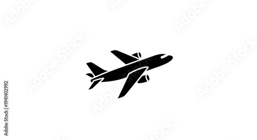 A clean silhouette vector image of a commercial passenger airplane flying upwards into the sky representing global travel and aviation industry transport.