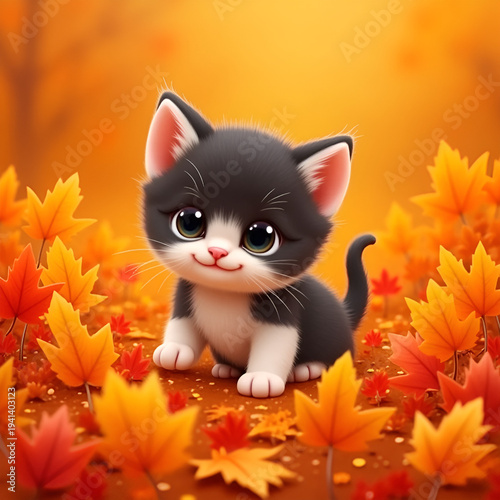 cat with autumn leaves