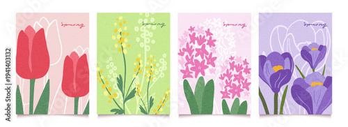 Spring flowers in line art. Floral cute set of plant. Hand drawn vintage background template with botanical motifs. Simple sketch. Vector doodle illustration.
