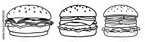 Protein-based meat alternative burger icon set with flat vector design on white background featuring bold borders, sustainable food theme, vegan steak with plant protein and clean lines