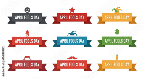 Colorful april fools day banners with various icons and ribbons on white background for celebration and prank