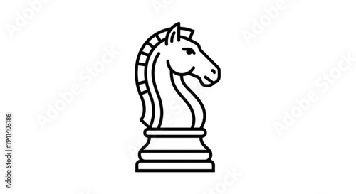A professional black and white line art vector image of a classic chess knight piece representing strategy, intelligence, leadership, and calculated competitive gaming moves.