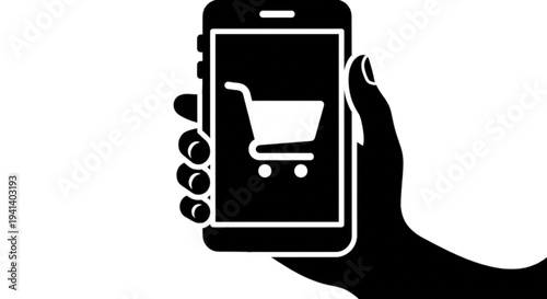 An expressive silhouette vector image showing a human hand holding a smartphone with a shopping cart icon on the screen representing mobile e-commerce retail.