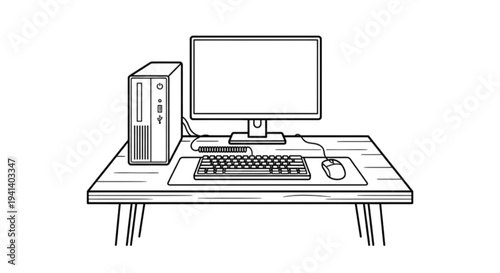 Complete desktop computer workstation vector image including a tower, monitor, keyboard, and mouse set up on a wooden desk for productive office work.