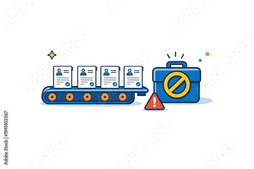 Hiring pipeline illusion focused on stalled recruitment processes, shown through a conveyor of resumes stopping before reaching a single inactive role symbol.