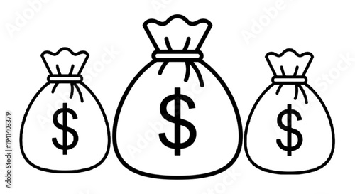 Three sacks of money marked with dollar signs in a vector image representing wealth, financial savings, investment capital, and banking prosperity for businesses.