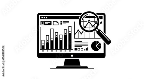 A detailed technical vector image of a computer monitor displaying complex financial charts and data analytics under a large glass magnifying lens icon.