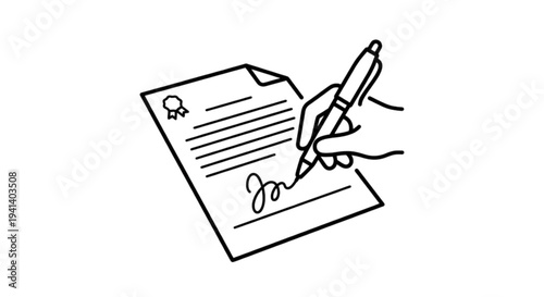 A professional hand-drawn style vector image of a person�s hand using a pen to sign a formal legal document with a seal.