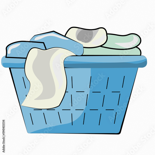 Minimalist vector illustration of a blue plastic laundry basket filled with clean white and grey clothes, featuring a simple flat design style isolated on a textured background.