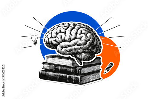 Black and white retro brain illustration as a realistic cut-out with crisp white outline, stacked vintage books layered beneath, bold cobalt blue circle behind