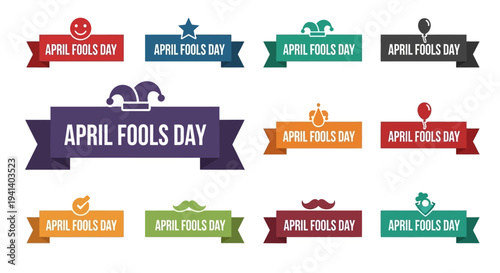 Colorful april fools day banners and labels with jester hats and prank icons on white background