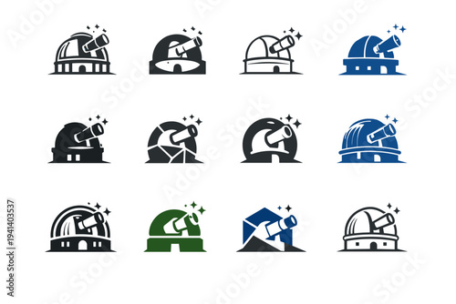 observatory. Icon set. Set Logo of observatory: telescope pointed to stars. harmonious logo variations of the same emblematic concept, each with different