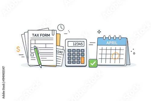 Tax preparation items. Financial forms, a calculator, and a calendar page combined in a tidy scene, showing planning and responsibility. Calm and reassuring