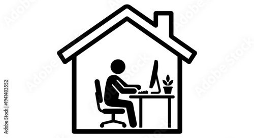 A black and white vector image representing a person working from home at a desk with a computer and a small potted plant.