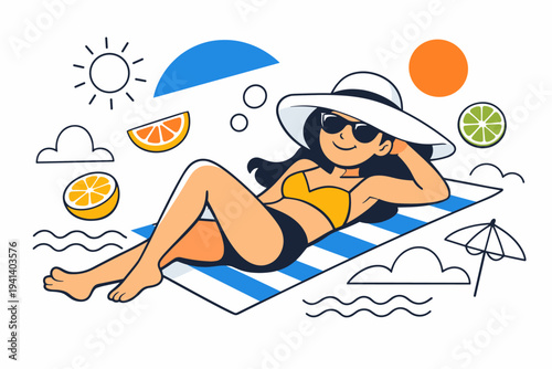 Sunny Vacation Aesthetic. A trendy person lying on a towel beside the pool, sunglasses on, wide-brim hat covering part of the face, relaxed smile. Floating