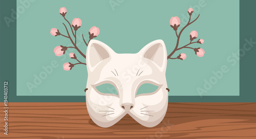 White cat mask with pink cherry blossoms on wooden table in green room