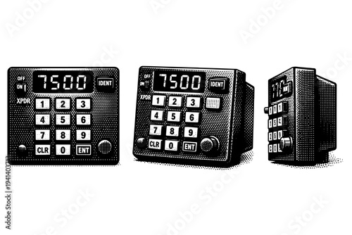 Transponder control panel with numeric keypad and digital code display shown in frontal, angled, and side views emphasizing button arrangement and housing