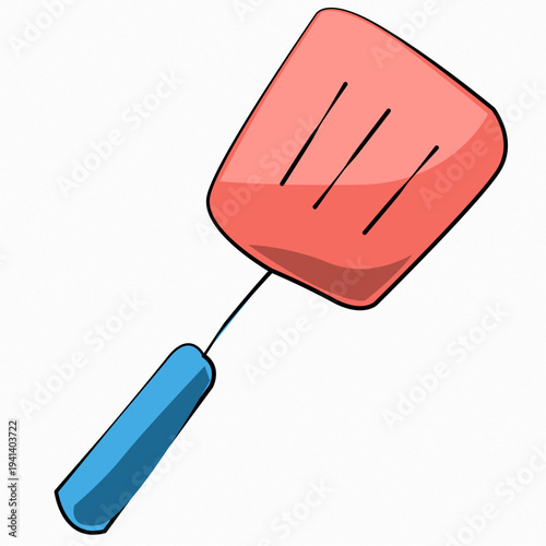 Flat vector illustration of a red cooking spatula with a blue handle, featuring a clean minimalist design for kitchenware, cooking, and culinary accessory concepts.