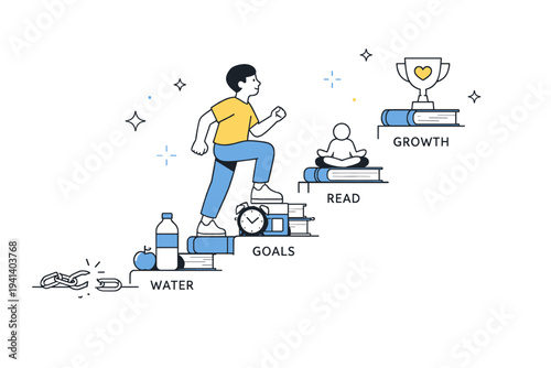 Personal growth journey. A character climbing simple abstract steps made of books and positive habits, leaving broken chains behind. The mood reflects steady