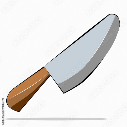 Flat vector illustration of a sharp kitchen knife with a wooden handle, representing professional culinary tools, chef equipment, and food preparation elements