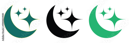 Ramadan crescent moon and stars icons set. Islamic religious symbols, lunar night elements, emerald green and black celestial shapes, middle eastern decorative vector illustration.