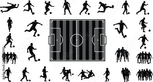 Soccer Player Vector Set Featuring Action Silhouettes Football Pitch Top View Flat Color Illustration Line Art and Blue Sport Character