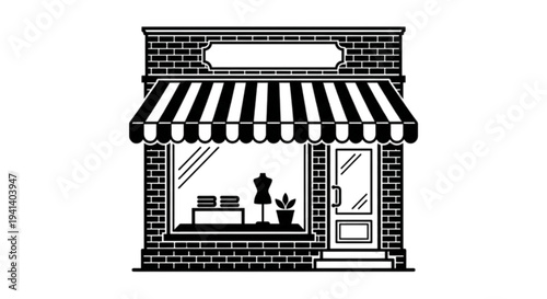 A charming black and white vector image of a retail shop storefront with a brick facade and a striped awning over the window.