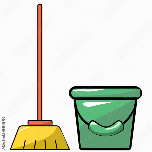 Flat vector illustration of a cleaning tool set featuring a yellow broom and a green plastic bucket, perfect for housekeeping, janitorial services, and domestic chore icons.