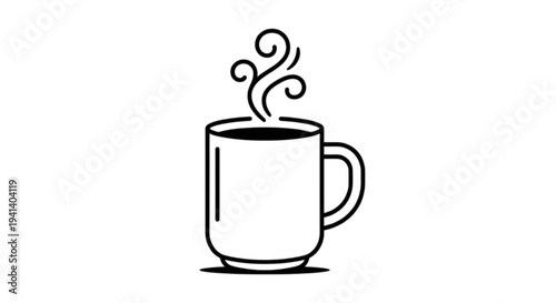 Cozy vector image of a hot ceramic mug with steam curls rising from the top representing coffee, tea, or a warm beverage break.