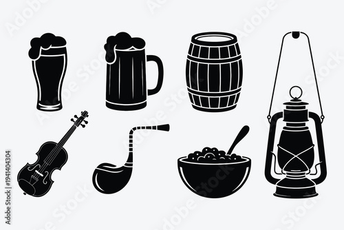 St Patrick's Day Beer Pub Vintage Silhouette Icons Set with Pint Glass, Mug, Barrel, Lantern, Violin, Pipe and Bowl