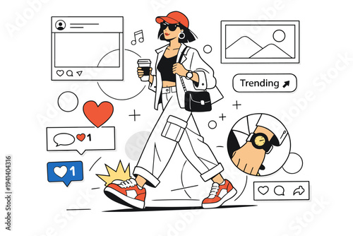 Street Style for Social Media. A trendy character walking confidently as abstract frames mimic social media posts around them. Bold graphic accents highlight