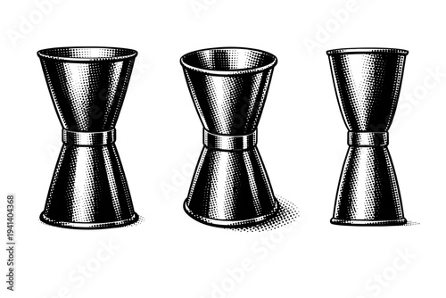 Jigger measuring tool displayed as a double-sided hourglass bar jigger presented in front view, angled perspective view, and side profile view highlighting