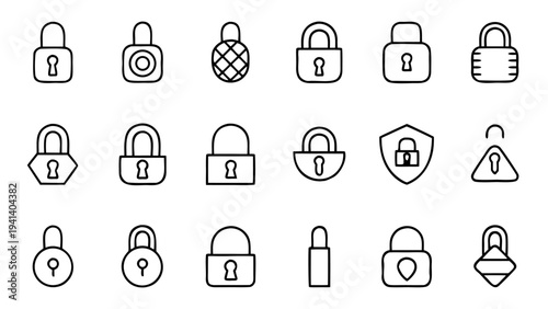 Fifteen white outline padlock icons showing various lock body shapes and shackle lengths are centered on a solid black background in a grid.