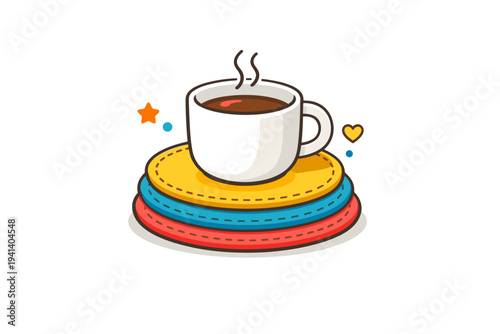 Felt coasters and table accents enhancing everyday dining with soft textures and vibrant colors. A layered round coaster set is arranged beneath a stylized