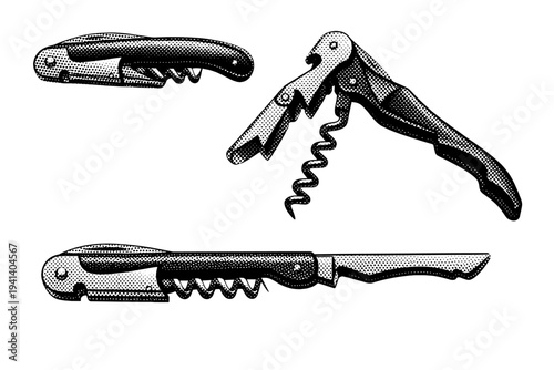 Corkscrew opener shown as a traditional waiter?s corkscrew presented in closed side view, partially unfolded angled view, and fully extended profile view