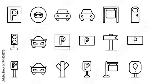 A set of thirty minimalist white outline parking icons arranged in a grid against a solid black background.