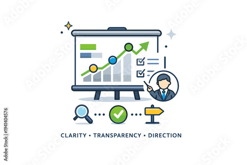 Client portfolio review moment visualized as a neat chart board with highlighted data points and a small advisor pointer icon. A composed editorial badge of