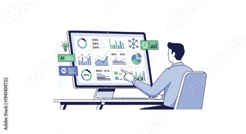 Vector illustration of man analyzing data on computer screen